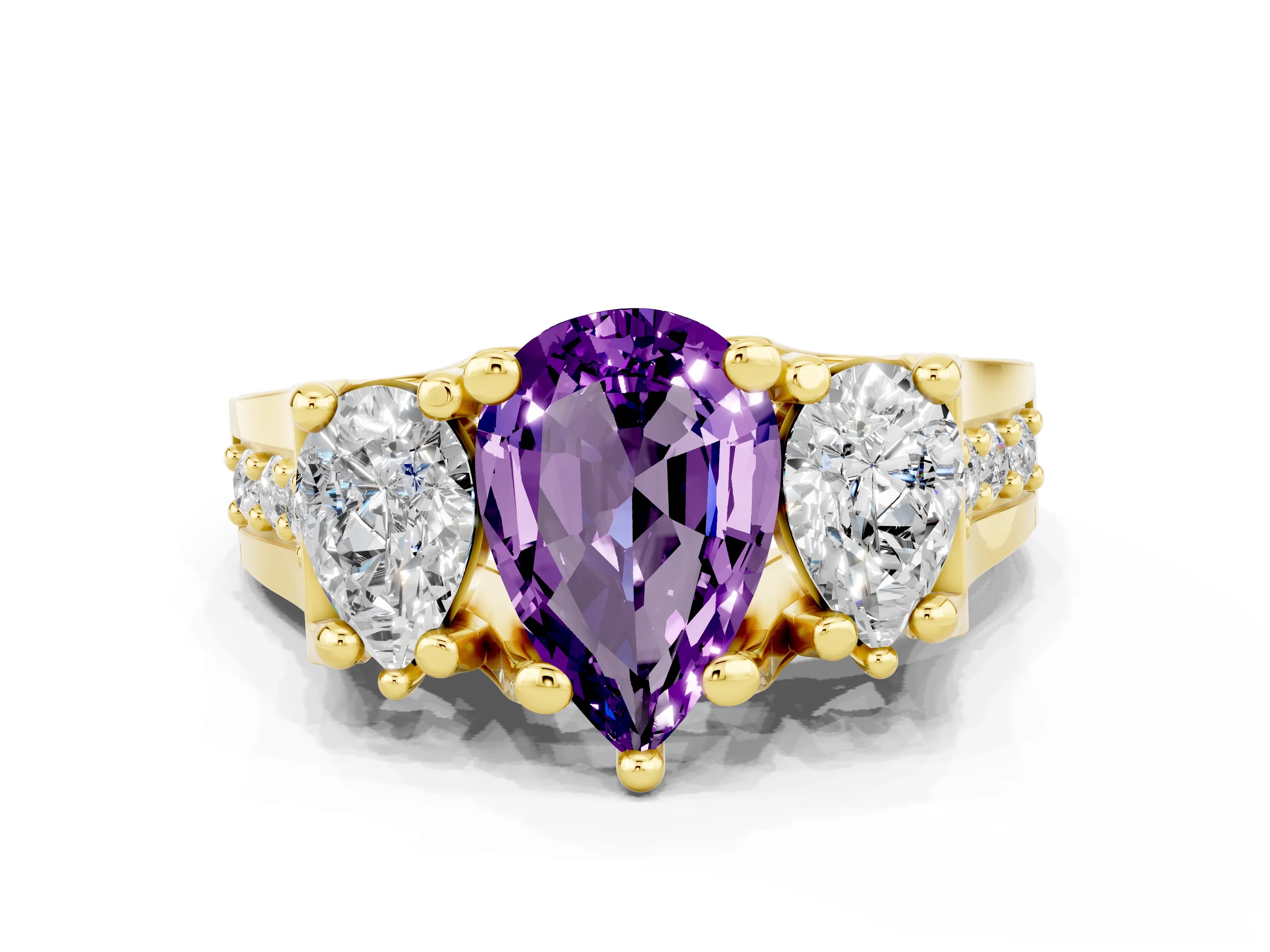 Yellow gold Pear Cut Amethyst Three-Stone Ring with Channel Set Band and Four-Prong Setting