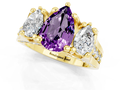 Yellow gold Pear Cut Amethyst Three-Stone Ring with Channel Set Band and Four-Prong Setting_1