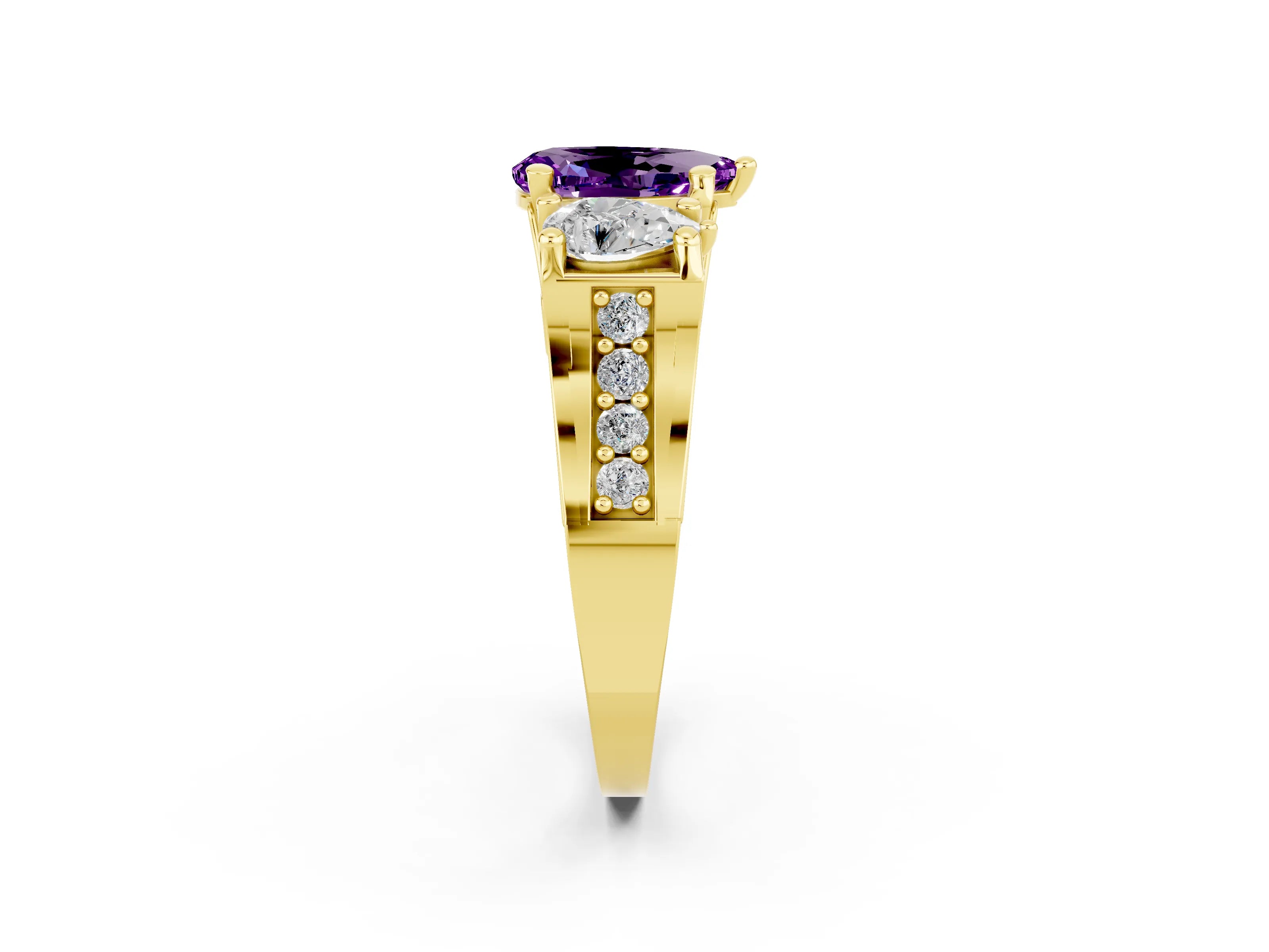 Yellow gold Pear Cut Amethyst Three-Stone Ring with Channel Set Band and Four-Prong Setting_2