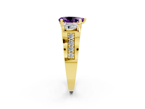 Yellow gold Pear Cut Amethyst Three-Stone Ring with Channel Set Band and Four-Prong Setting_2