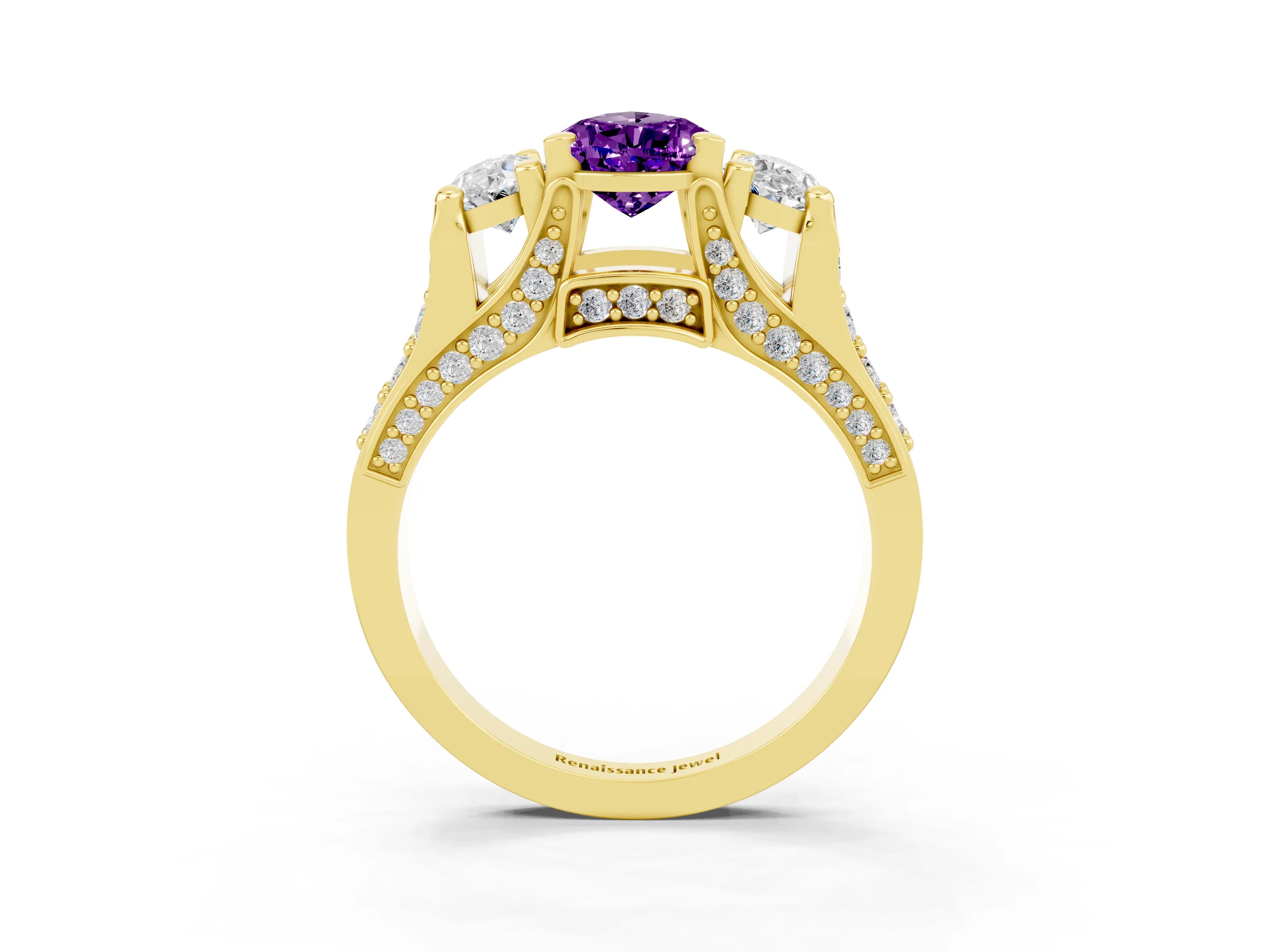 Yellow gold Pear Cut Amethyst Three-Stone Ring with Channel Set Band and Four-Prong Setting_3