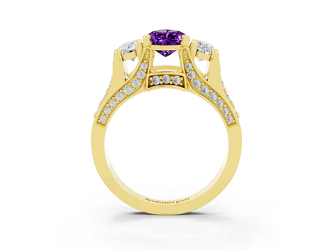 Yellow gold Pear Cut Amethyst Three-Stone Ring with Channel Set Band and Four-Prong Setting_3