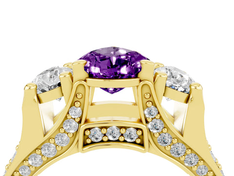 Yellow gold Pear Cut Amethyst Three-Stone Ring with Channel Set Band and Four-Prong Setting_4