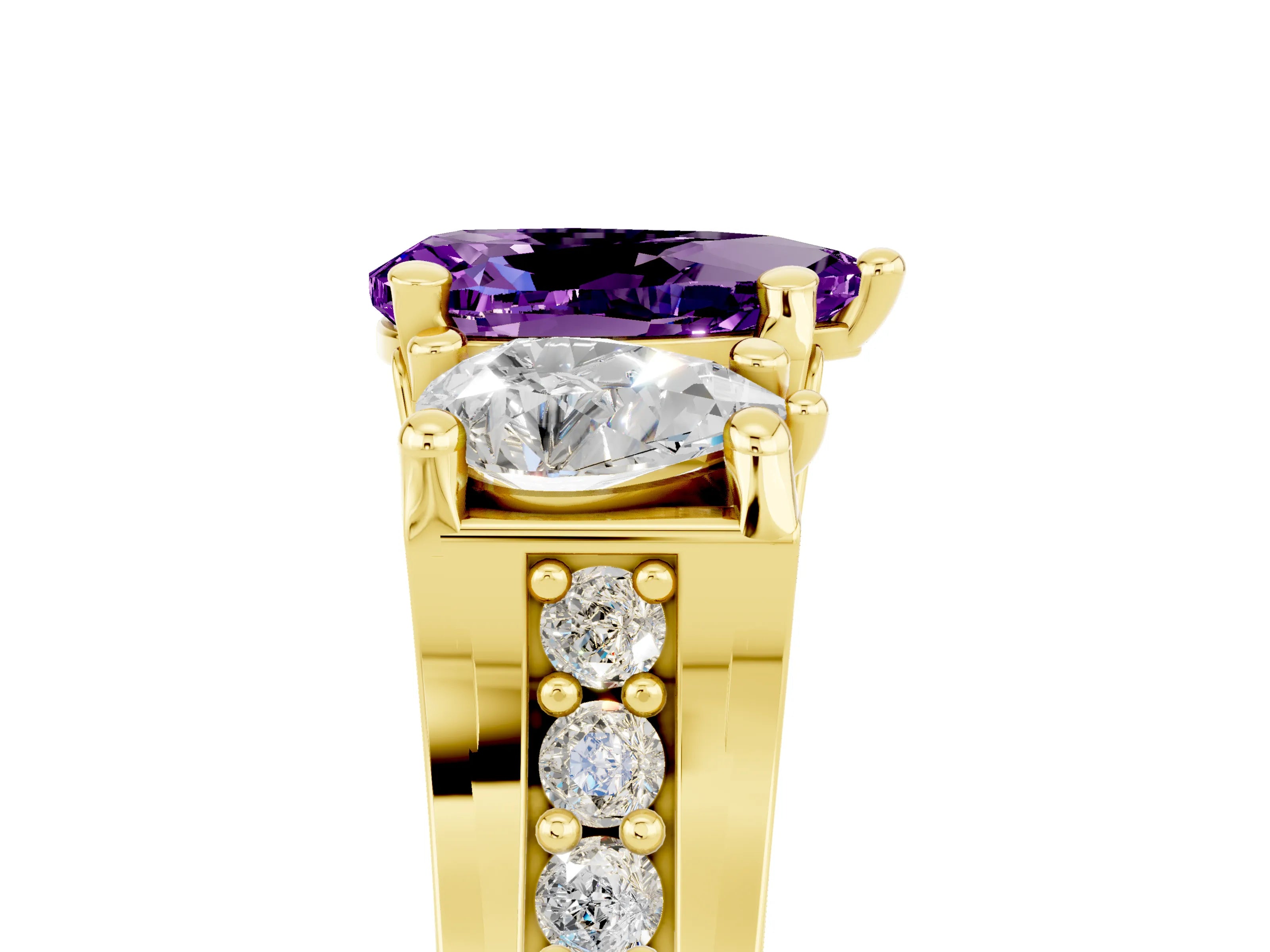 Yellow gold Pear Cut Amethyst Three-Stone Ring with Channel Set Band and Four-Prong Setting_5