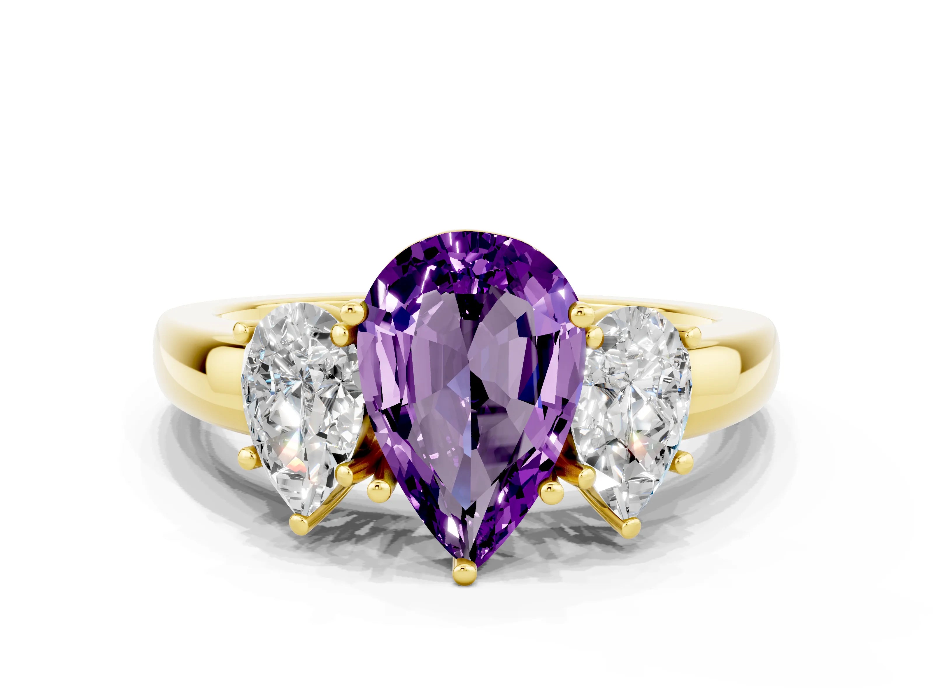 Yellow gold Pear Cut Amethyst Three-Stone Ring with Four-Prong Setting and Classic Band