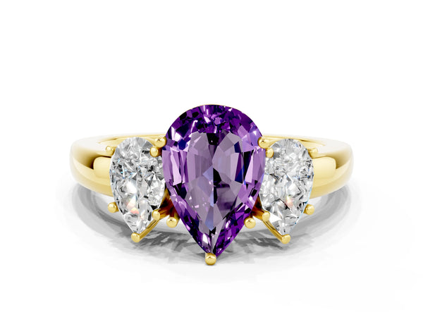 Yellow gold Pear Cut Amethyst Three-Stone Ring with Four-Prong Setting and Classic Band