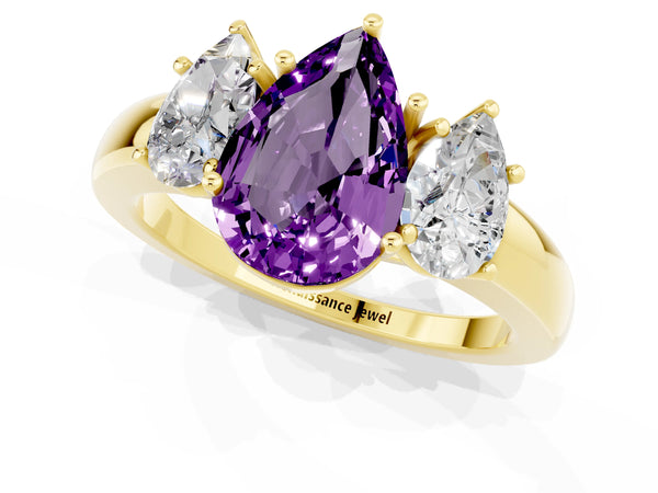 Yellow gold Pear Cut Amethyst Three-Stone Ring with Four-Prong Setting and Classic Band