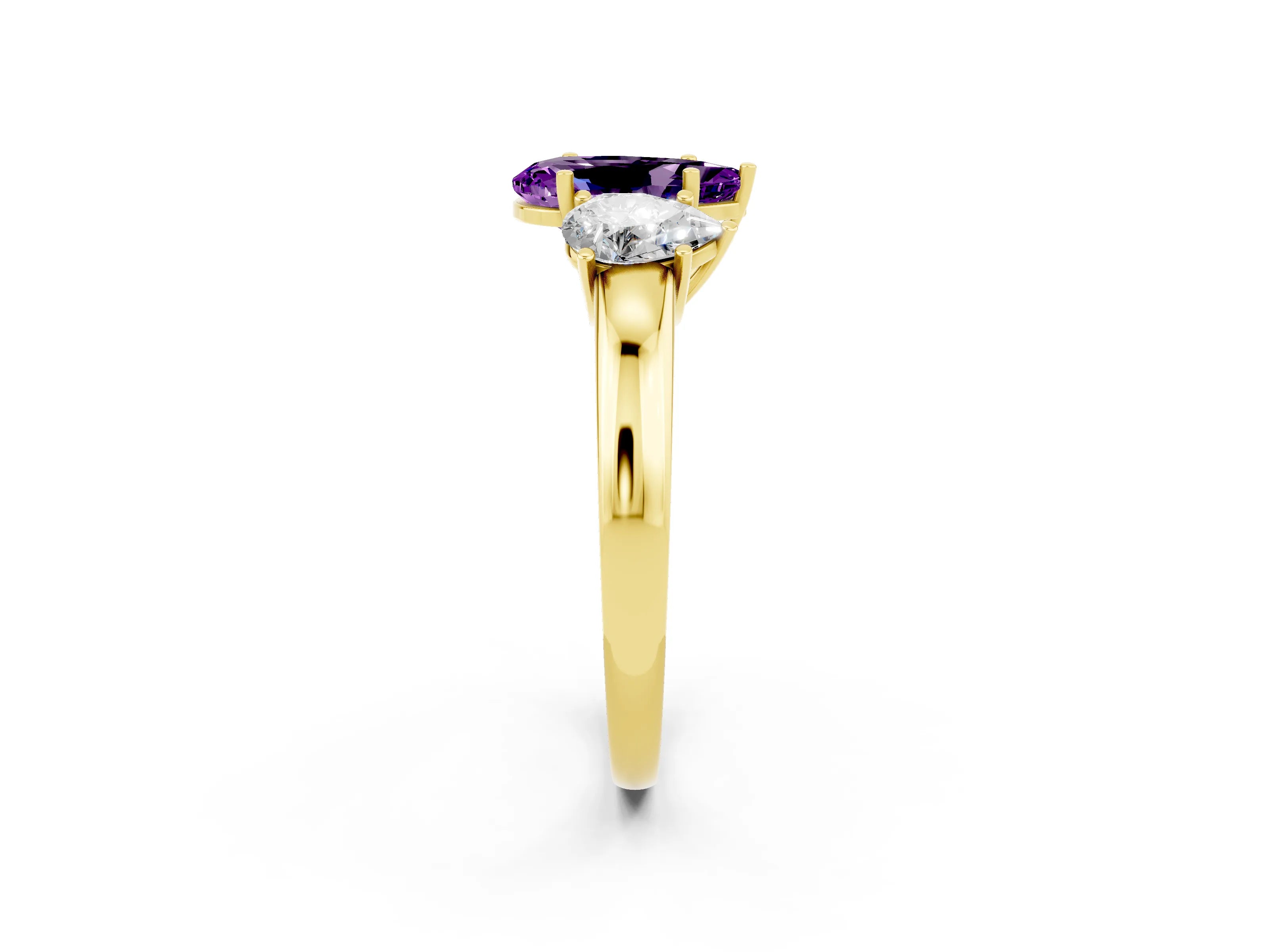 Yellow gold Pear Cut Amethyst Three-Stone Ring with Four-Prong Setting and Classic Band_2