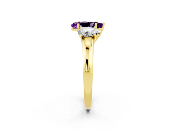 Yellow gold Pear Cut Amethyst Three-Stone Ring with Four-Prong Setting and Classic Band