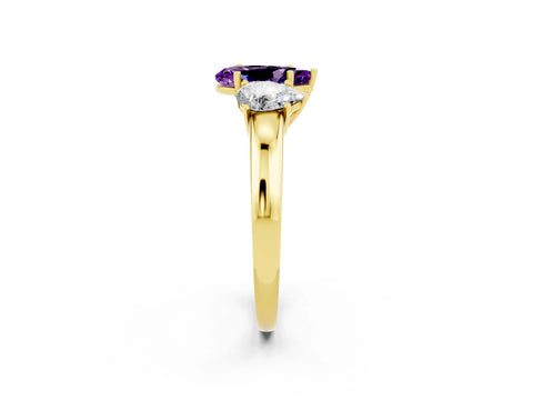 Yellow gold Pear Cut Amethyst Three-Stone Ring with Four-Prong Setting and Classic Band_2