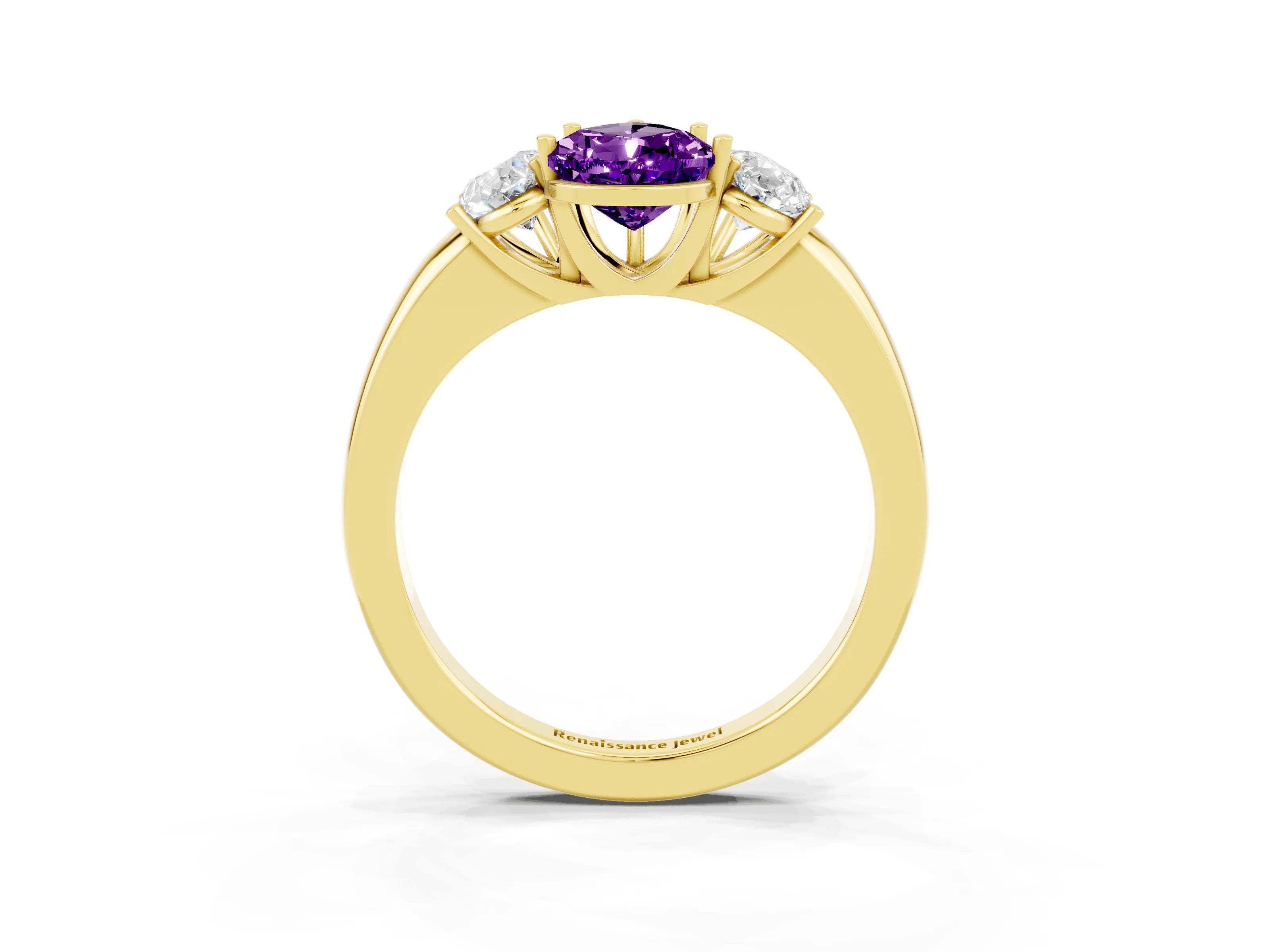 Yellow gold Pear Cut Amethyst Three-Stone Ring with Four-Prong Setting and Classic Band_3