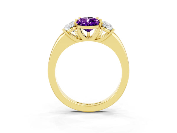 Yellow gold Pear Cut Amethyst Three-Stone Ring with Four-Prong Setting and Classic Band