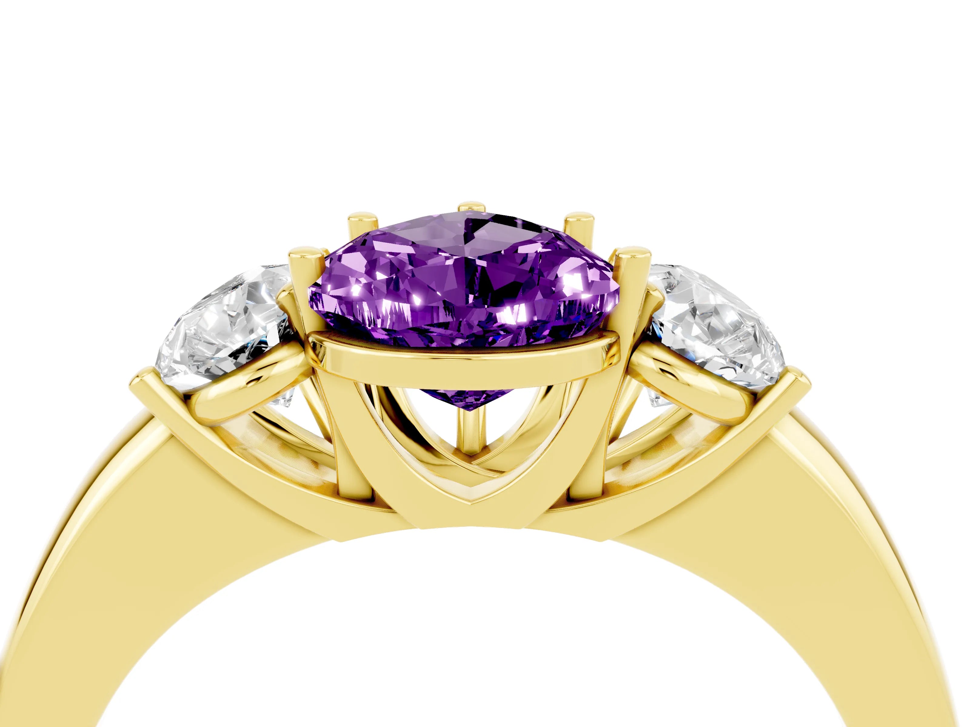Yellow gold Pear Cut Amethyst Three-Stone Ring with Four-Prong Setting and Classic Band_4