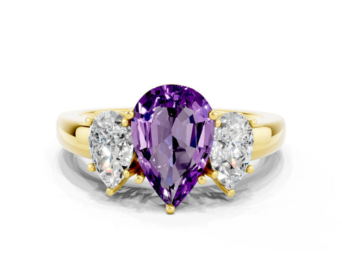 Yellow gold Pear Cut Amethyst Three-Stone Ring with Four-Prong Setting and Classic Band