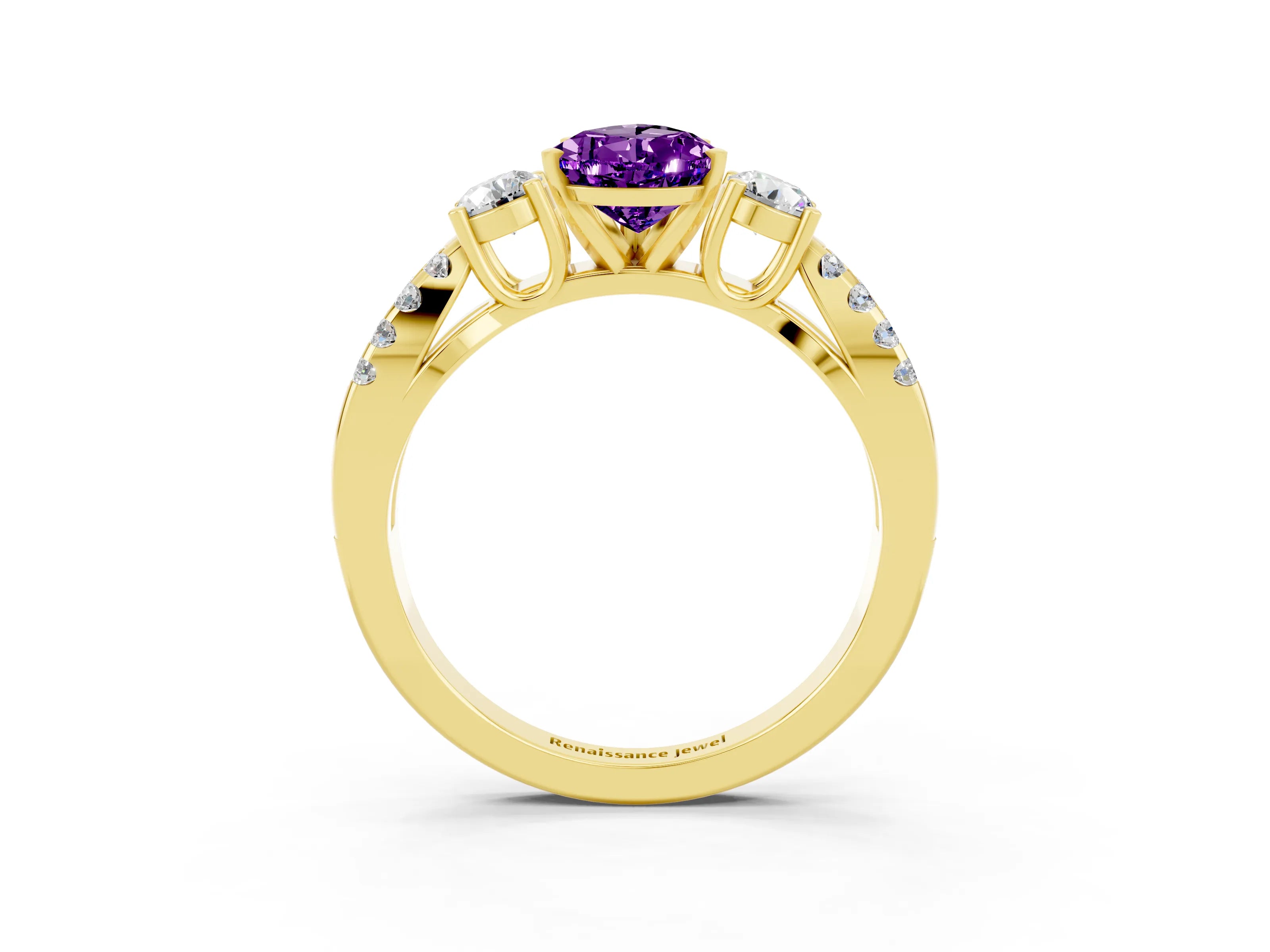 Yellow gold Pear Cut Amethyst Three-Stone Ring with Pavé Split Shank and Four-Prong Setting_15