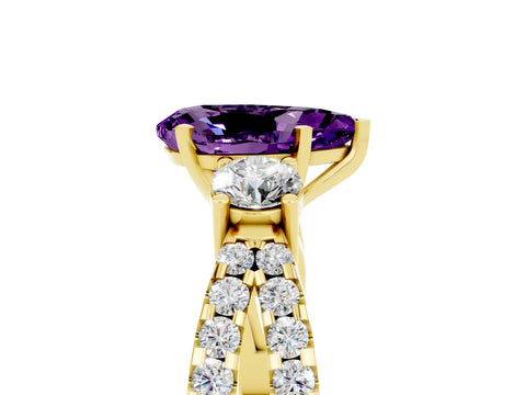 Yellow gold Pear Cut Amethyst Three-Stone Ring with Pavé Split Shank and Four-Prong Setting_17