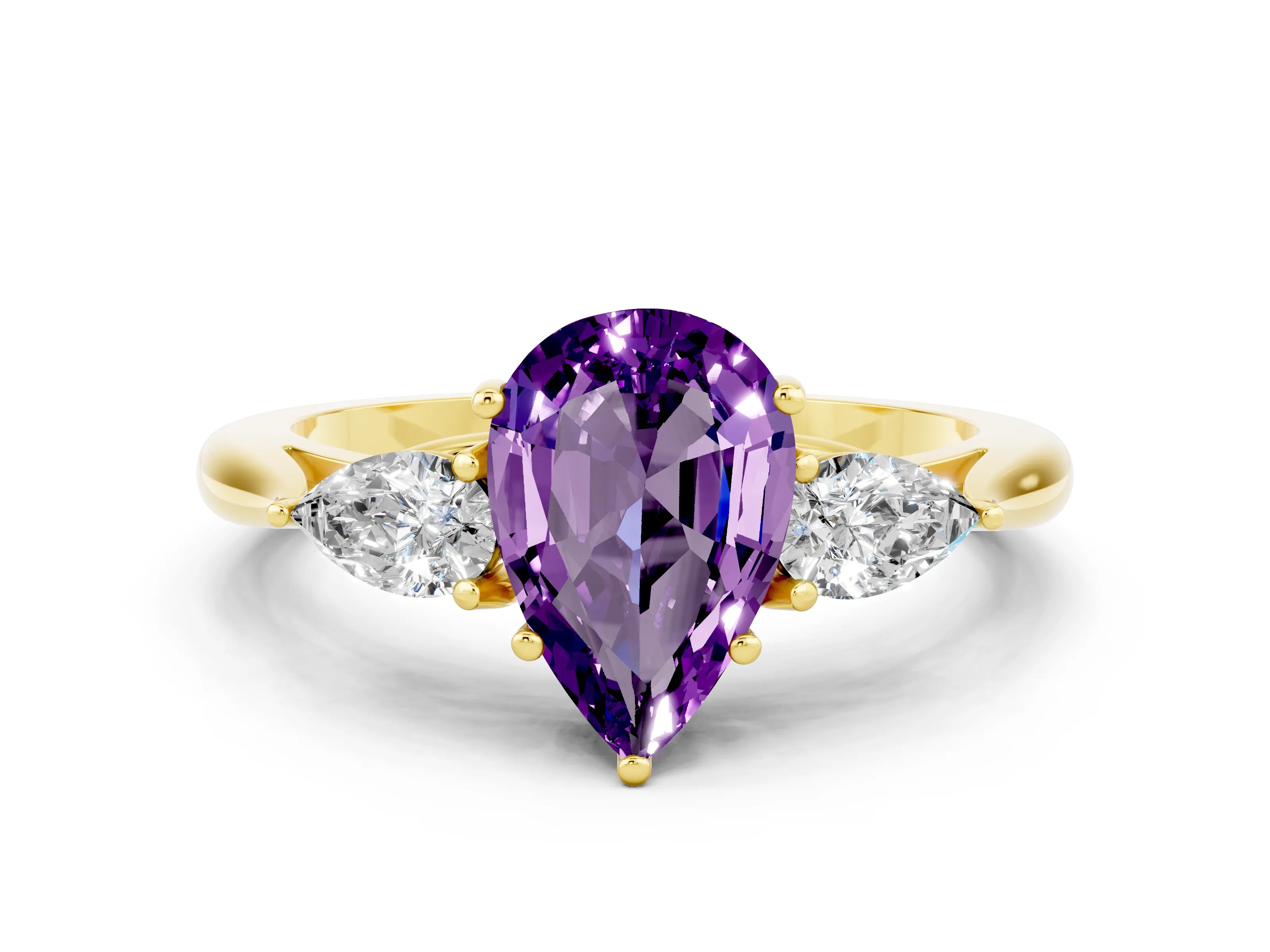 Yellow gold Pear Cut Amethyst Three-Stone Ring with Pear Side Stones and Four-Prong Setting_12