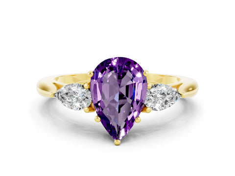 Yellow gold Pear Cut Amethyst Three-Stone Ring with Pear Side Stones and Four-Prong Setting_12