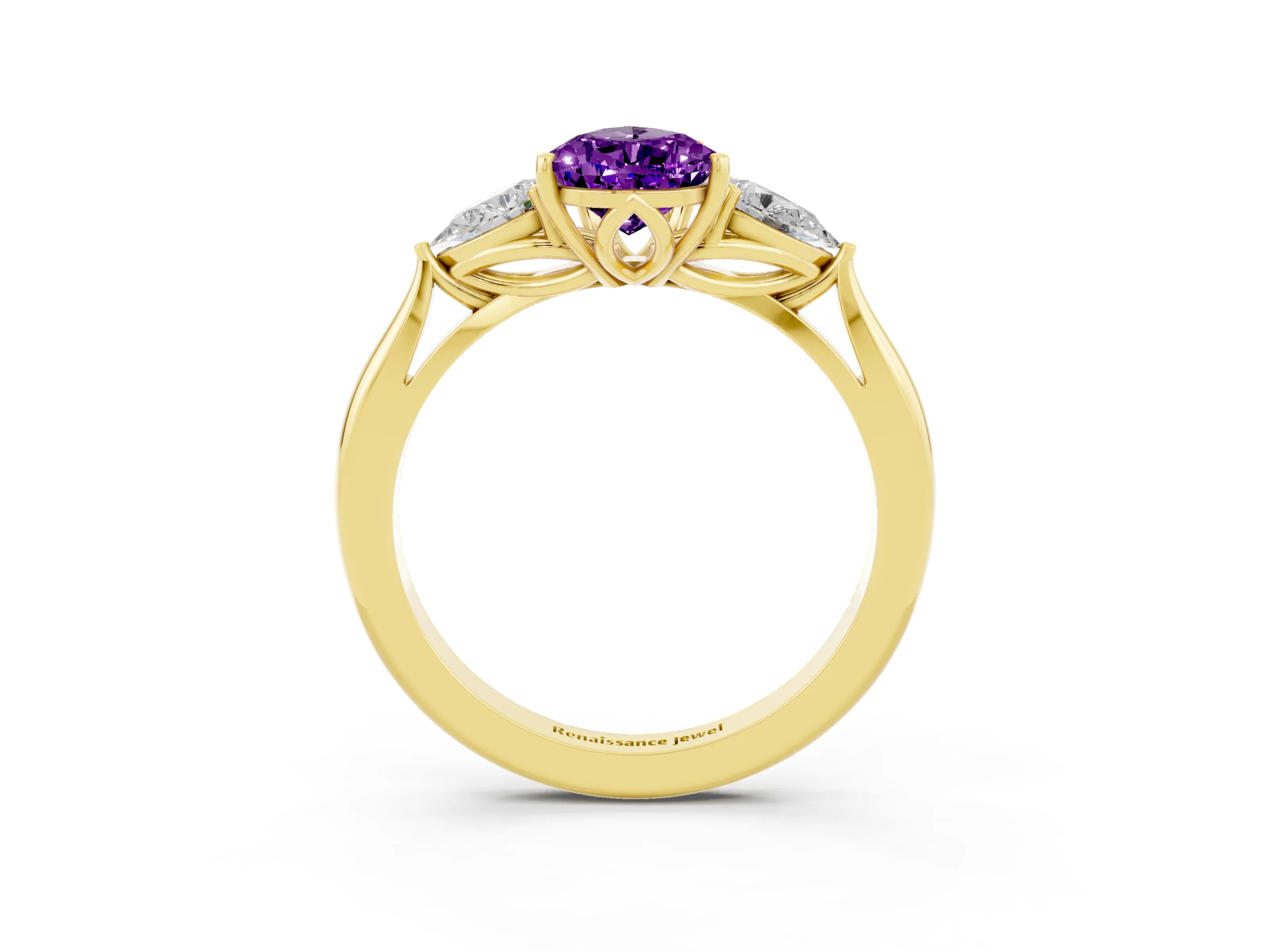 Yellow gold Pear Cut Amethyst Three-Stone Ring with Pear Side Stones and Four-Prong Setting_15