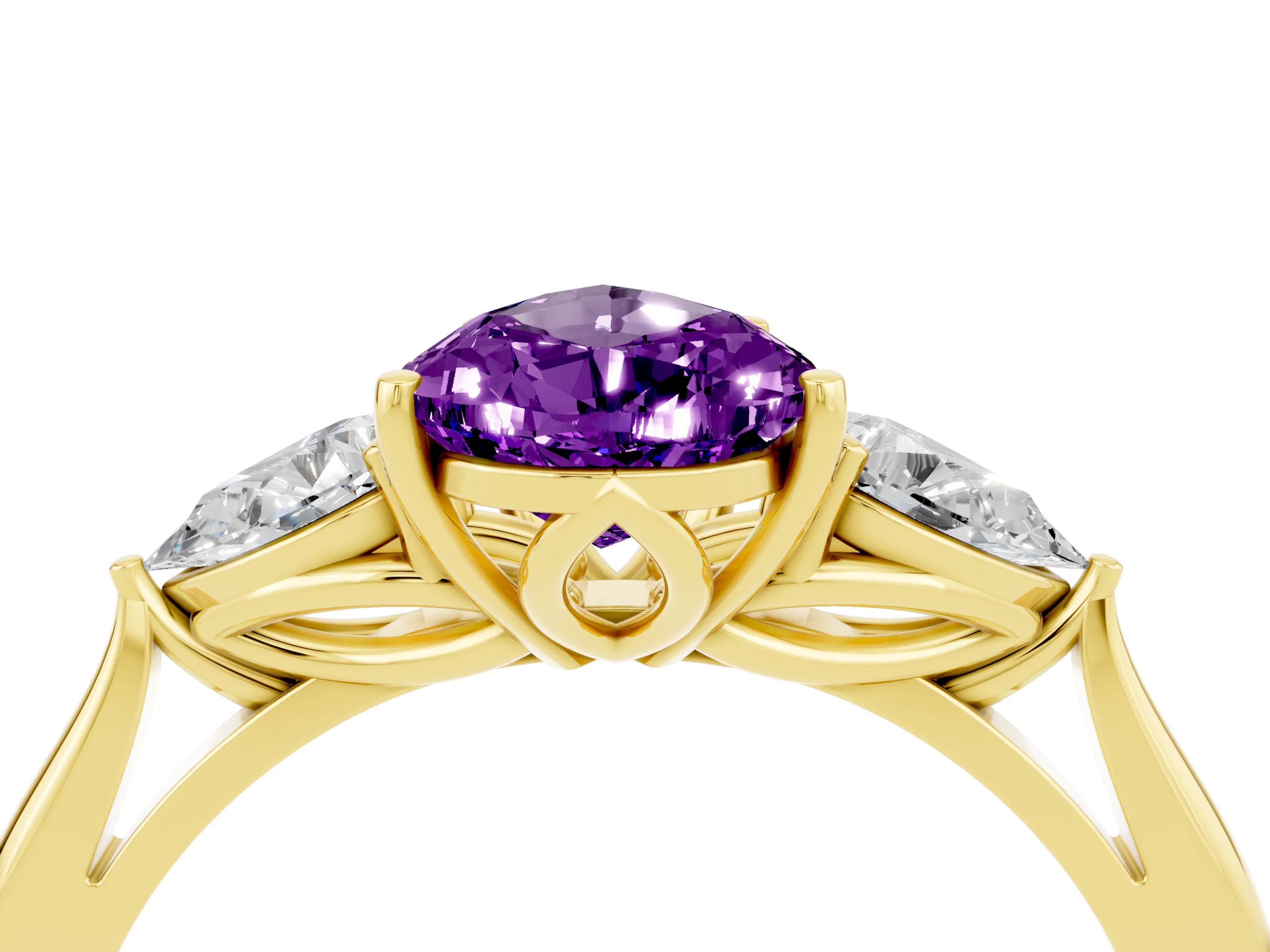 Yellow gold Pear Cut Amethyst Three-Stone Ring with Pear Side Stones and Four-Prong Setting_16