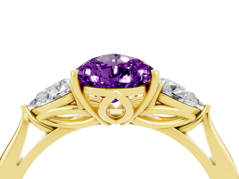 Yellow gold Pear Cut Amethyst Three-Stone Ring with Pear Side Stones and Four-Prong Setting_16