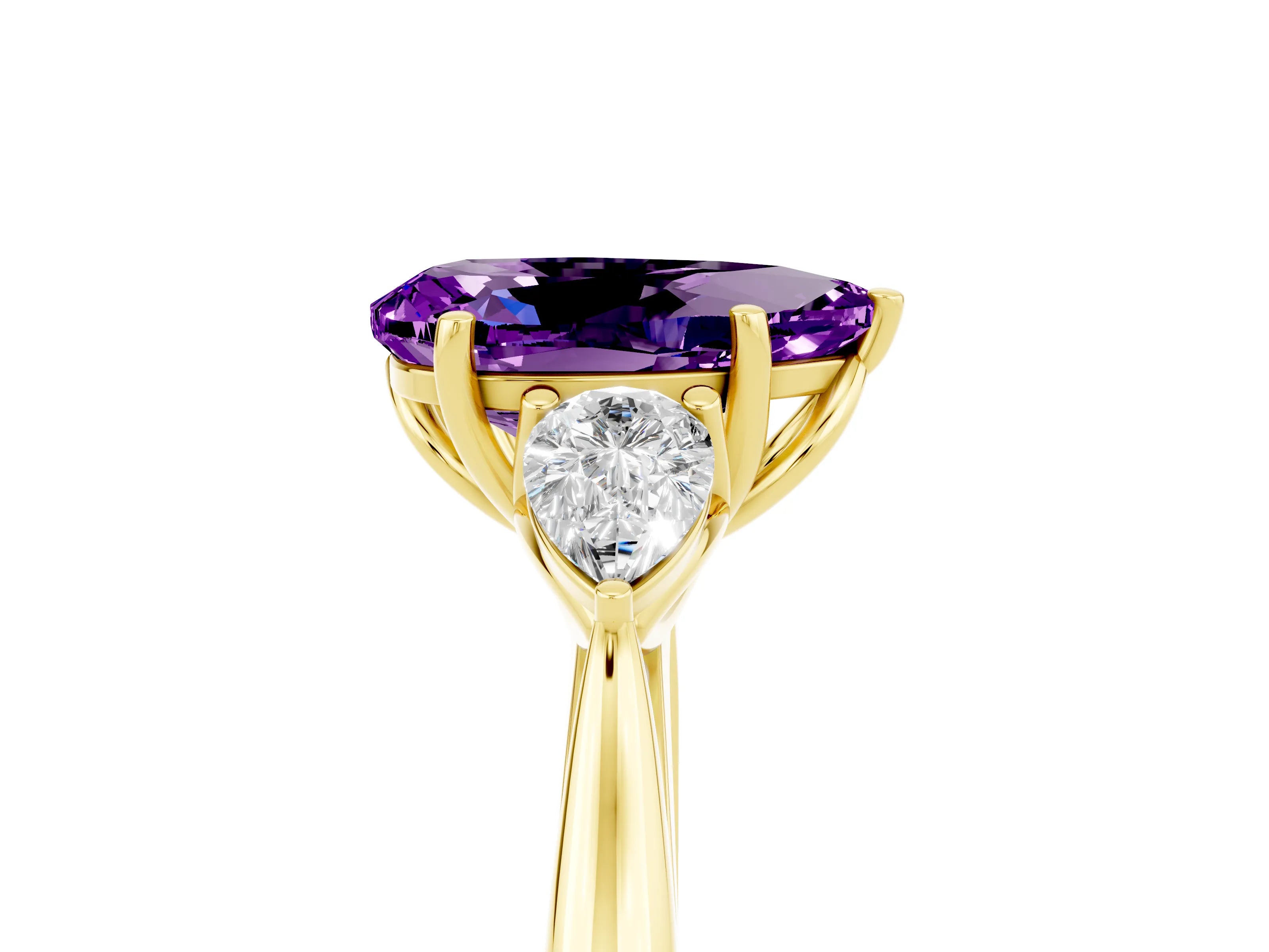 Yellow gold Pear Cut Amethyst Three-Stone Ring with Pear Side Stones and Four-Prong Setting_17