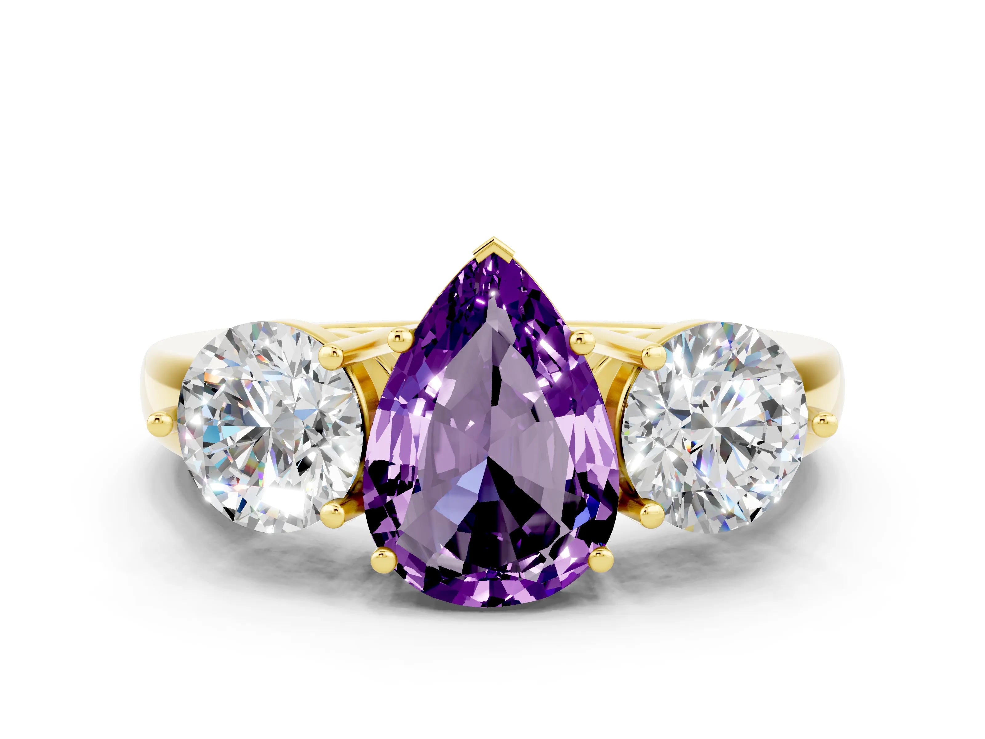 Yellow gold Pear Cut Amethyst Three-Stone Ring with Prong Setting and Classic Band