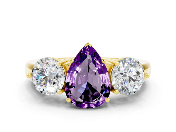 Yellow gold Pear Cut Amethyst Three-Stone Ring with Prong Setting and Classic Band
