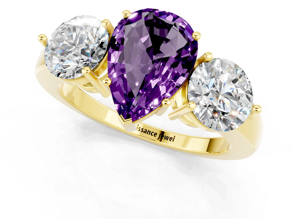 Yellow gold Pear Cut Amethyst Three-Stone Ring with Prong Setting and Classic Band