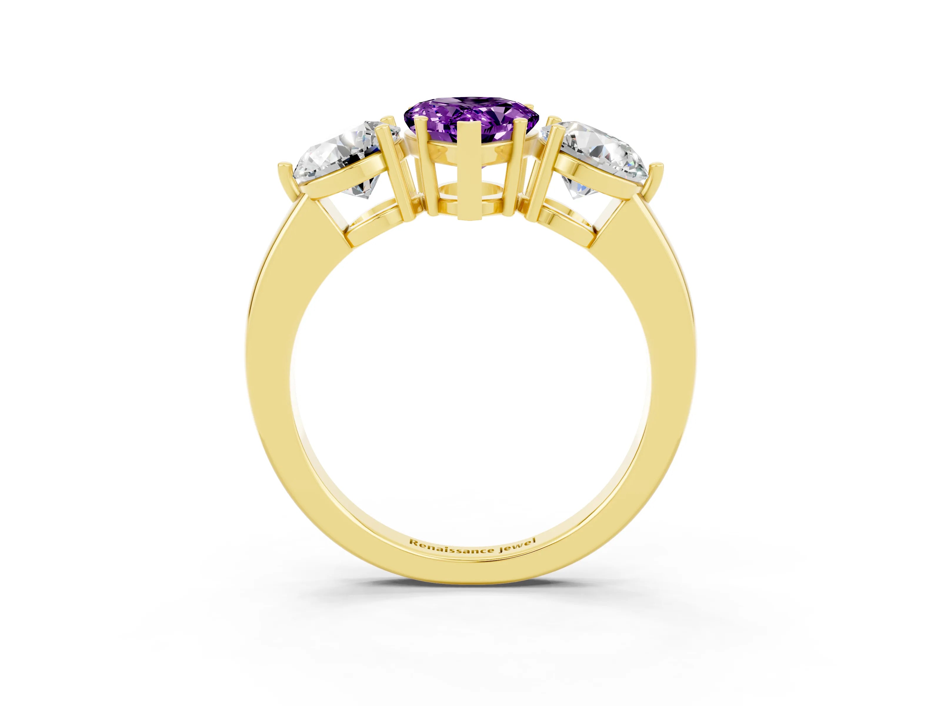 Yellow gold Pear Cut Amethyst Three-Stone Ring with Prong Setting and Classic Band_3