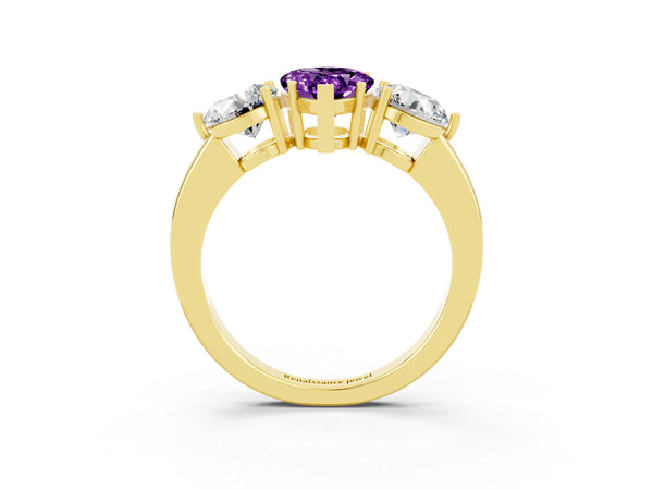 Yellow gold Pear Cut Amethyst Three-Stone Ring with Prong Setting and Classic Band