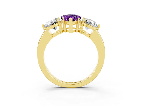 Yellow gold Pear Cut Amethyst Three-Stone Ring with Prong Setting and Classic Band_3