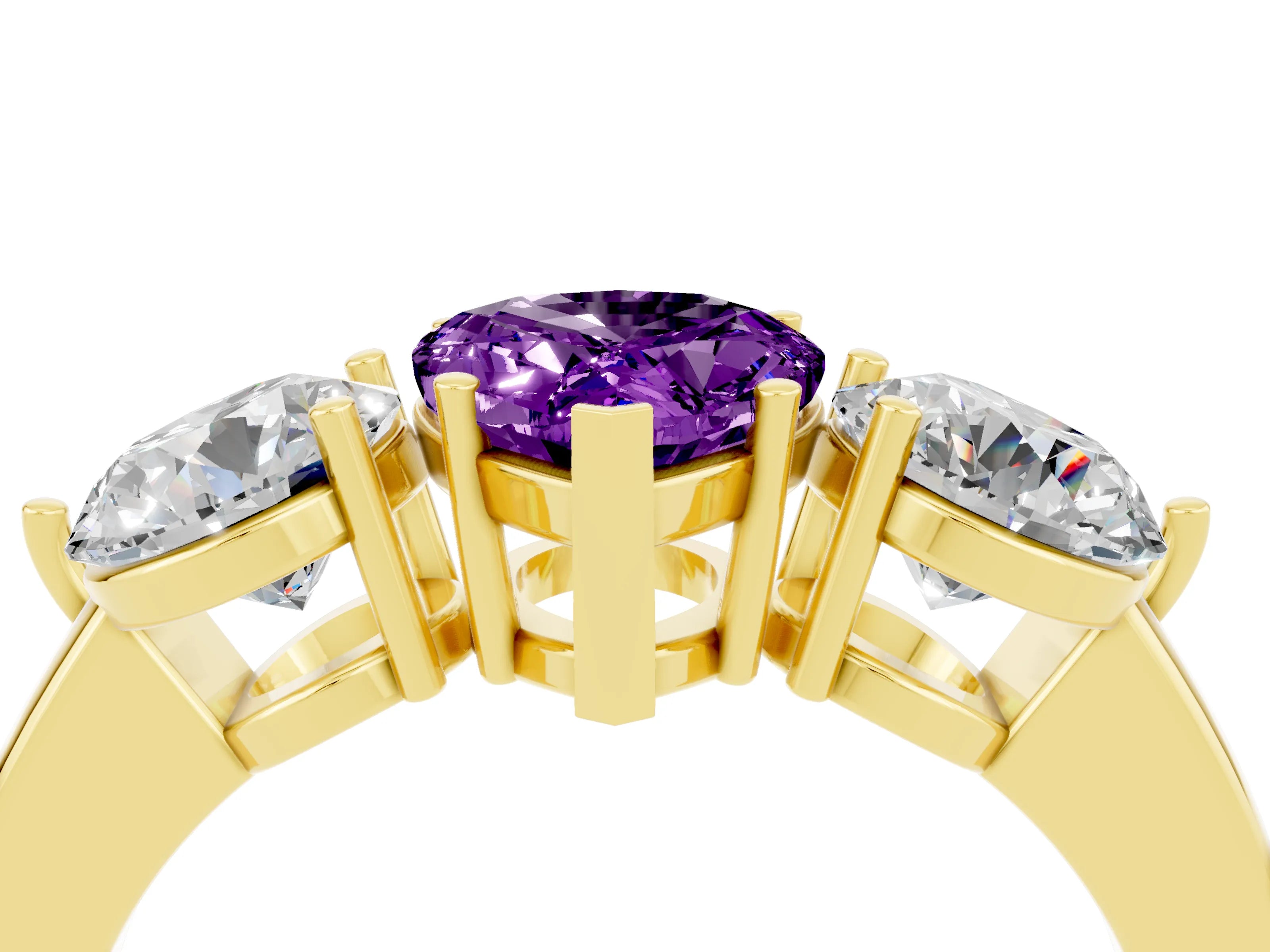 Yellow gold Pear Cut Amethyst Three-Stone Ring with Prong Setting and Classic Band_4
