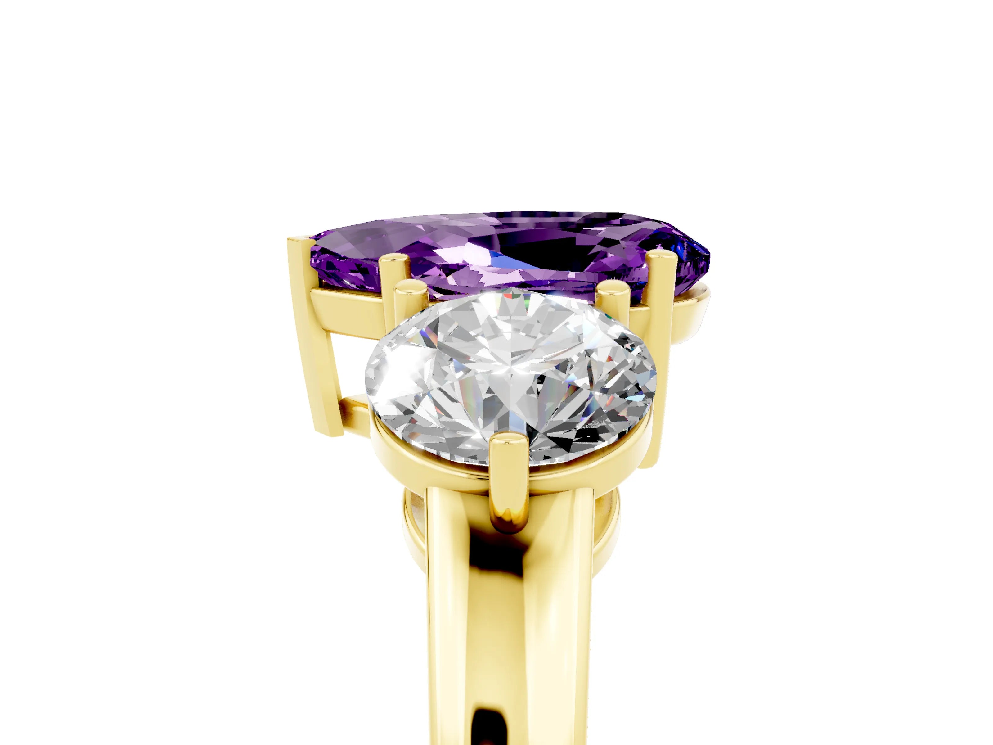 Yellow gold Pear Cut Amethyst Three-Stone Ring with Prong Setting and Classic Band_5