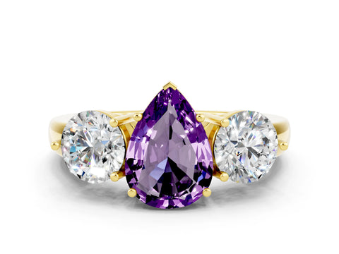 Yellow gold Pear Cut Amethyst Three-Stone Ring with Prong Setting and Classic Band