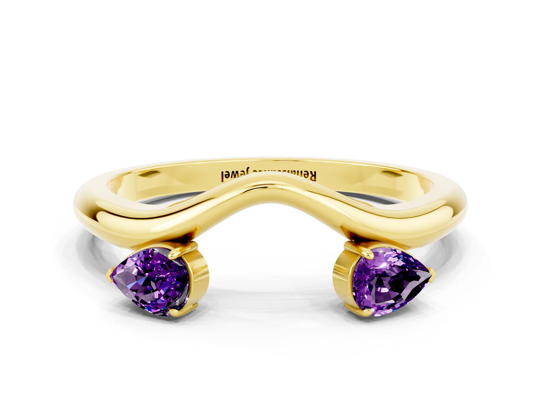 Yellow gold Pear Cut Amethyst Two-Stone Open Band Ring with Prong Setting_6