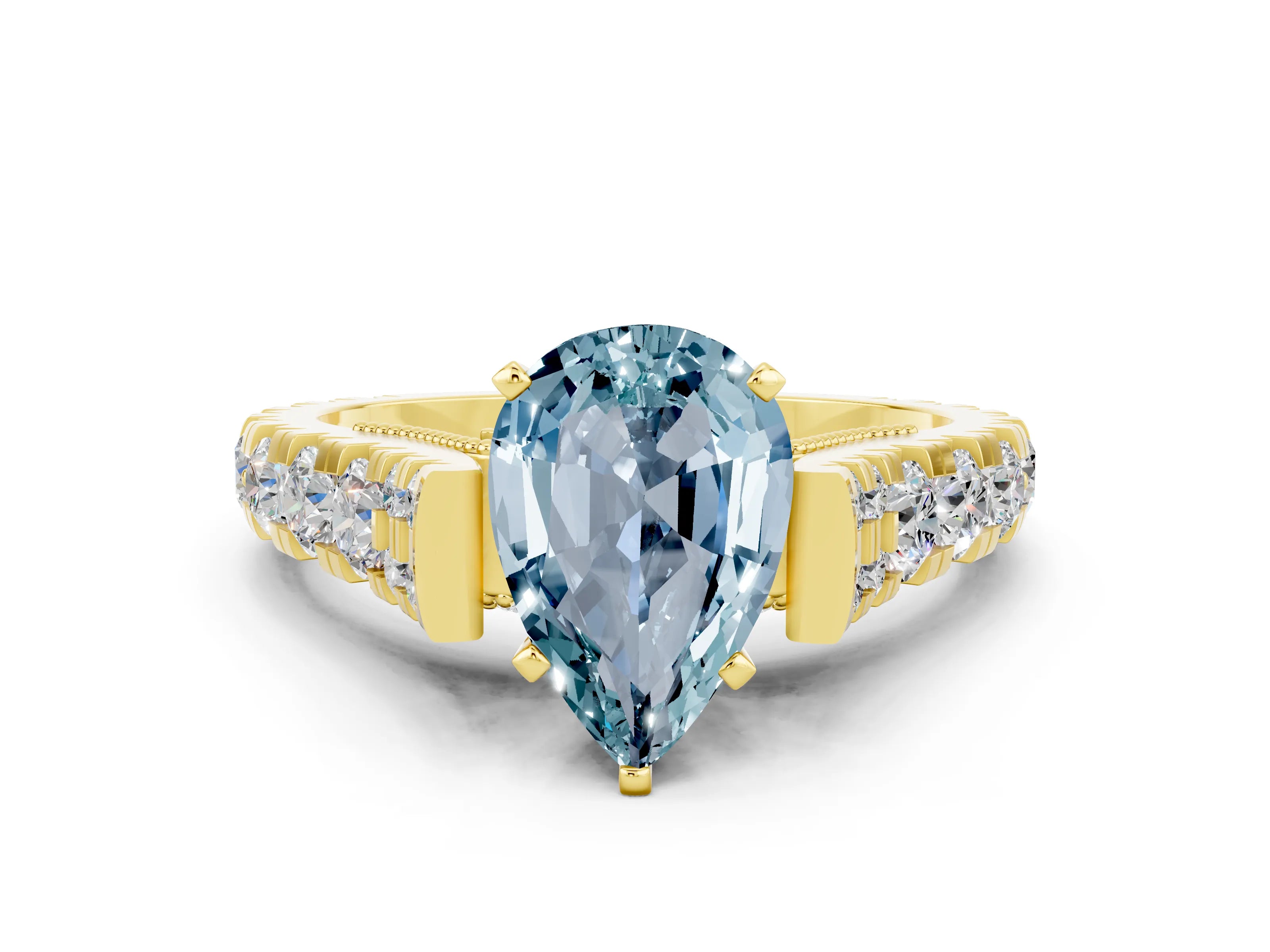Yellow gold Pear Cut Aquamarine Classic Solitaire Ring with Pavé Band and Four-Prong Setting