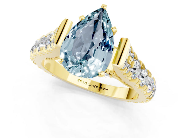 Yellow gold Pear Cut Aquamarine Classic Solitaire Ring with Pavé Band and Four-Prong Setting