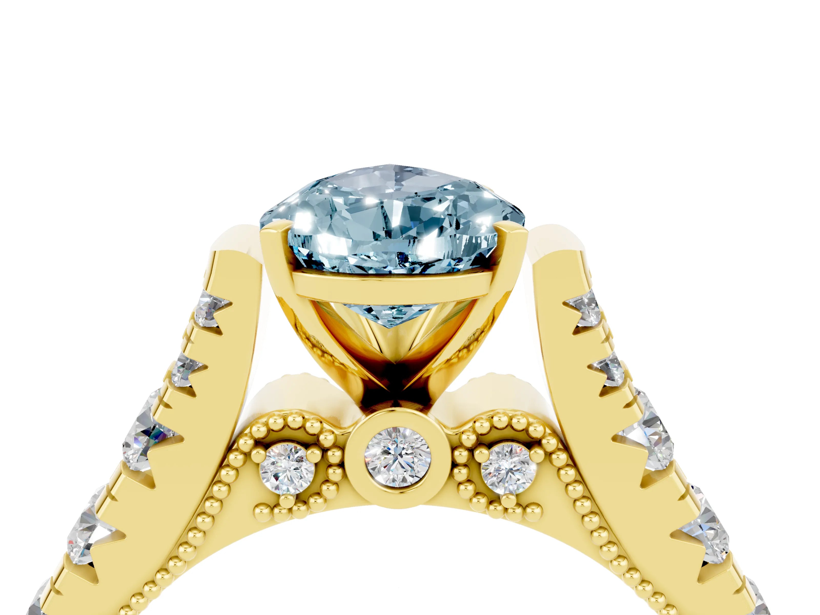 Yellow gold Pear Cut Aquamarine Classic Solitaire Ring with Pavé Band and Four-Prong Setting_4