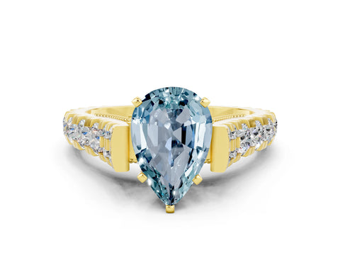 Yellow gold Pear Cut Aquamarine Classic Solitaire Ring with Pavé Band and Four-Prong Setting