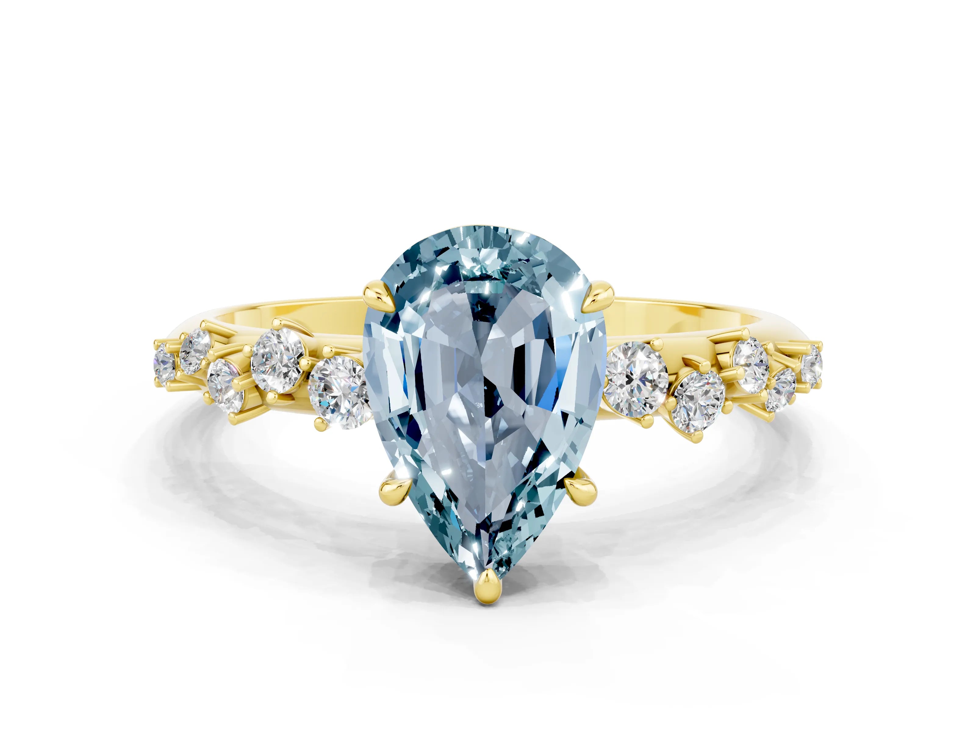 Yellow gold Pear Cut Aquamarine Cluster Side Stone Solitaire Ring with Prong Setting_24