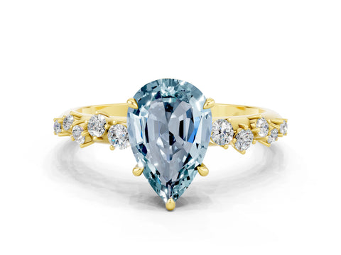 Yellow gold Pear Cut Aquamarine Cluster Side Stone Solitaire Ring with Prong Setting_24