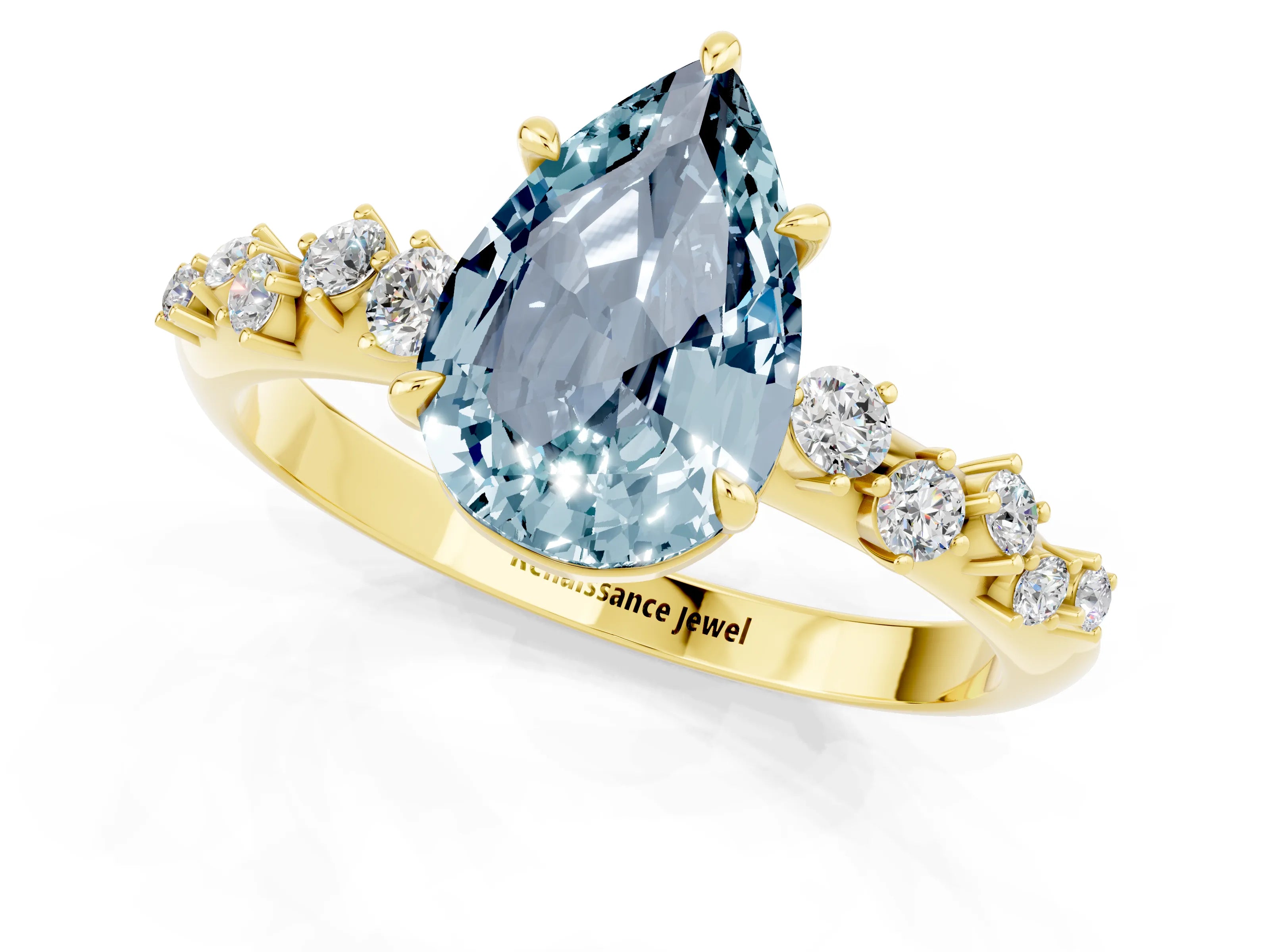 Yellow gold Pear Cut Aquamarine Cluster Side Stone Solitaire Ring with Prong Setting_25