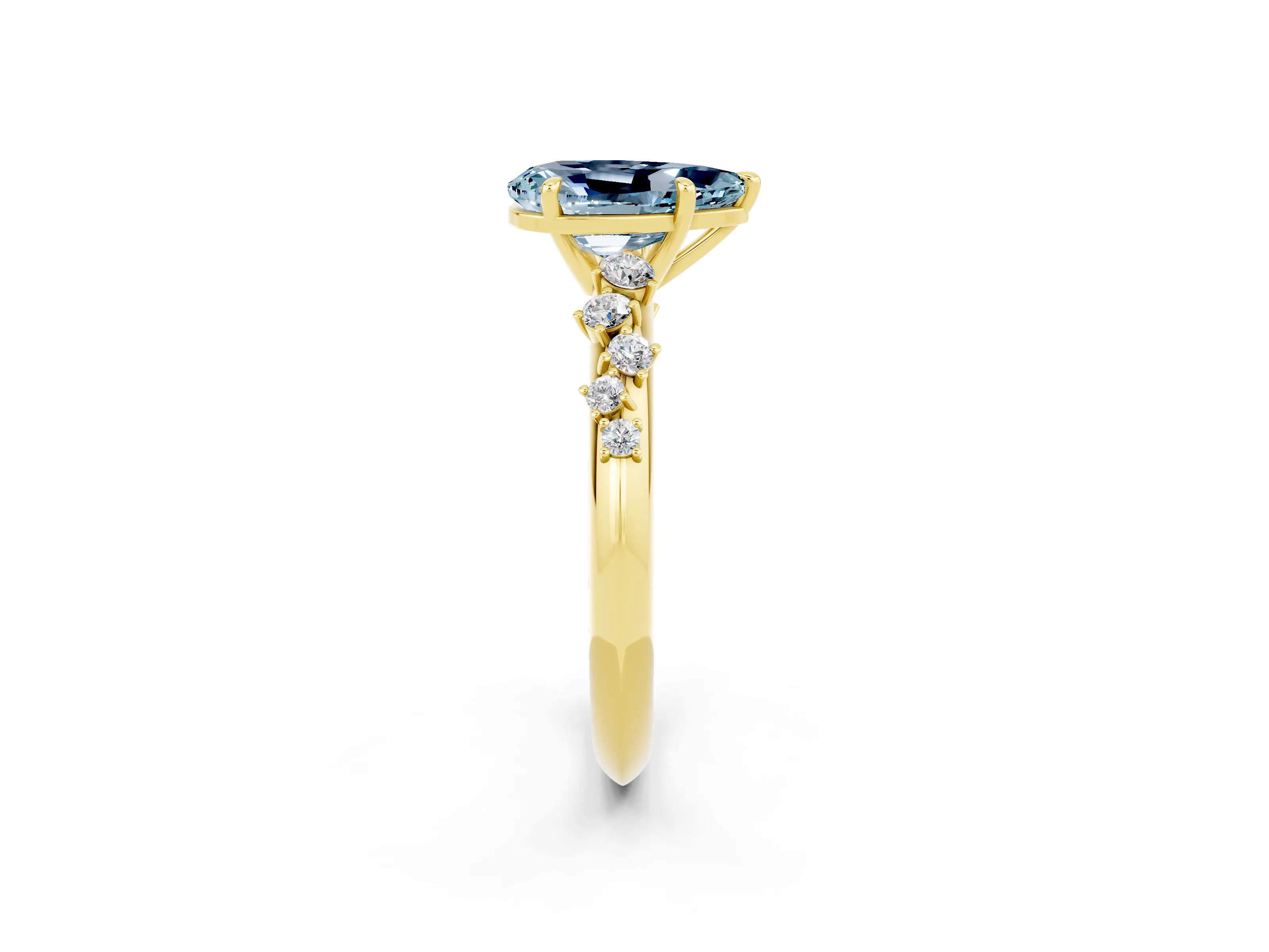 Yellow gold Pear Cut Aquamarine Cluster Side Stone Solitaire Ring with Prong Setting_26