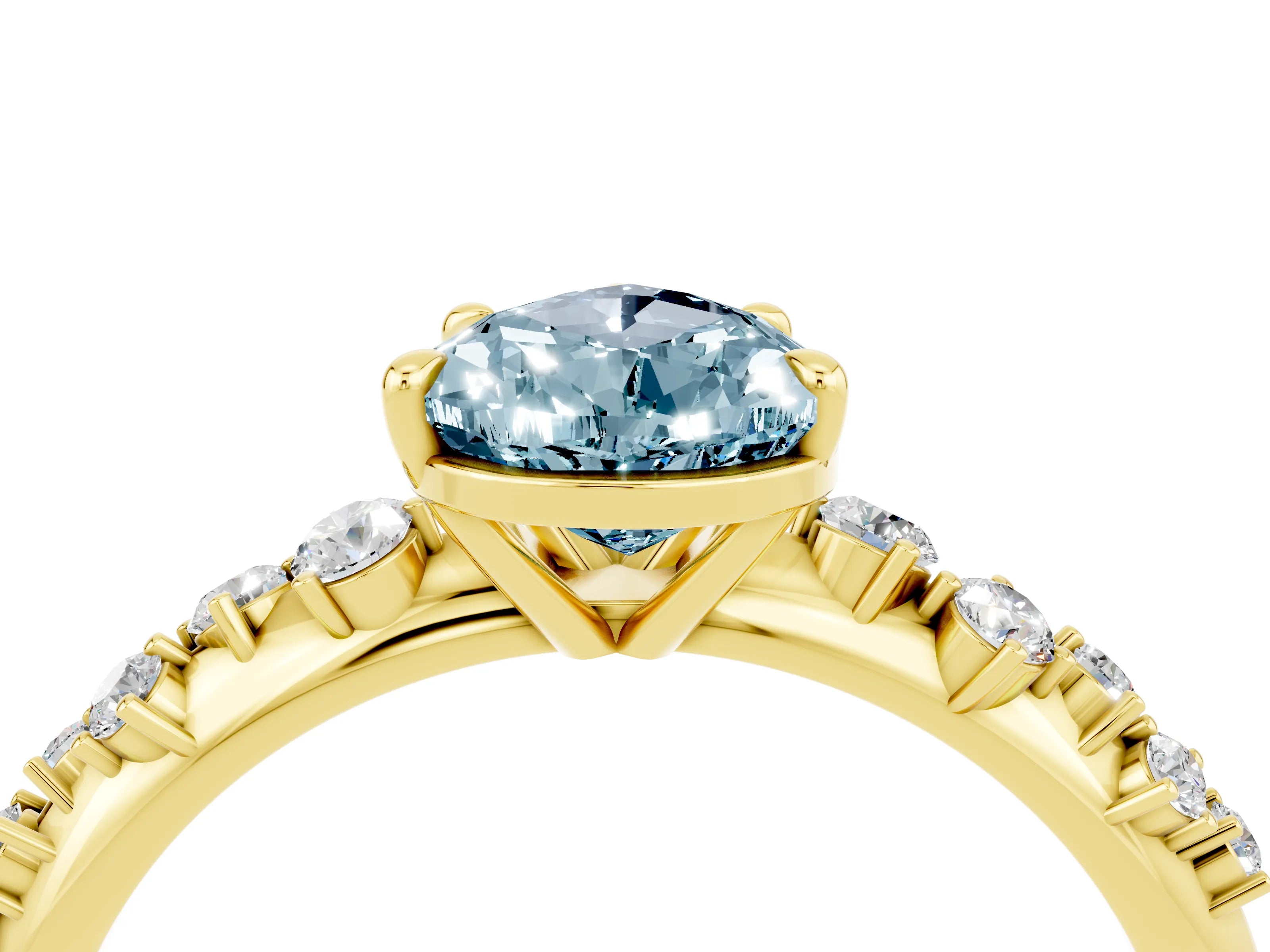 Yellow gold Pear Cut Aquamarine Cluster Side Stone Solitaire Ring with Prong Setting_28