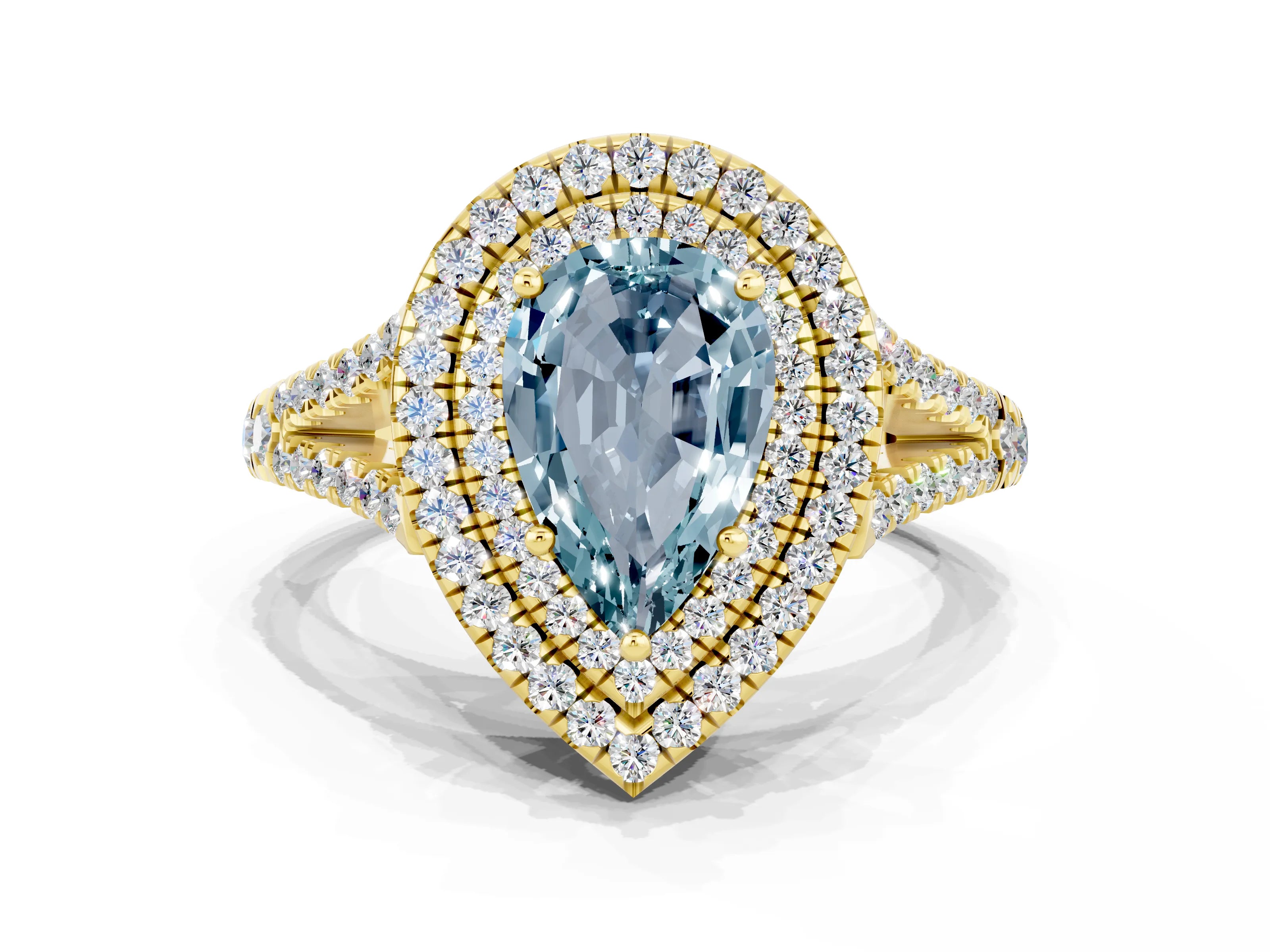 Yellow gold Pear Cut Aquamarine Double Halo Ring with Pavé Band and Prong Setting_12