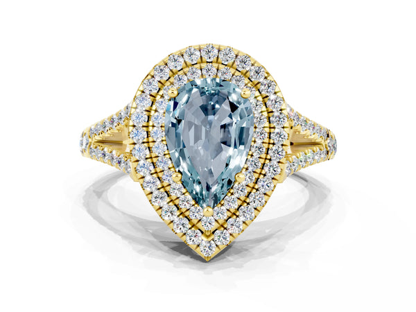 Yellow gold Pear Cut Aquamarine Double Halo Ring with Pavé Band and Prong Setting