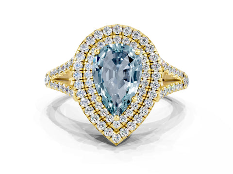 Yellow gold Pear Cut Aquamarine Double Halo Ring with Pavé Band and Prong Setting_12