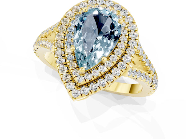 Yellow gold Pear Cut Aquamarine Double Halo Ring with Pavé Band and Prong Setting