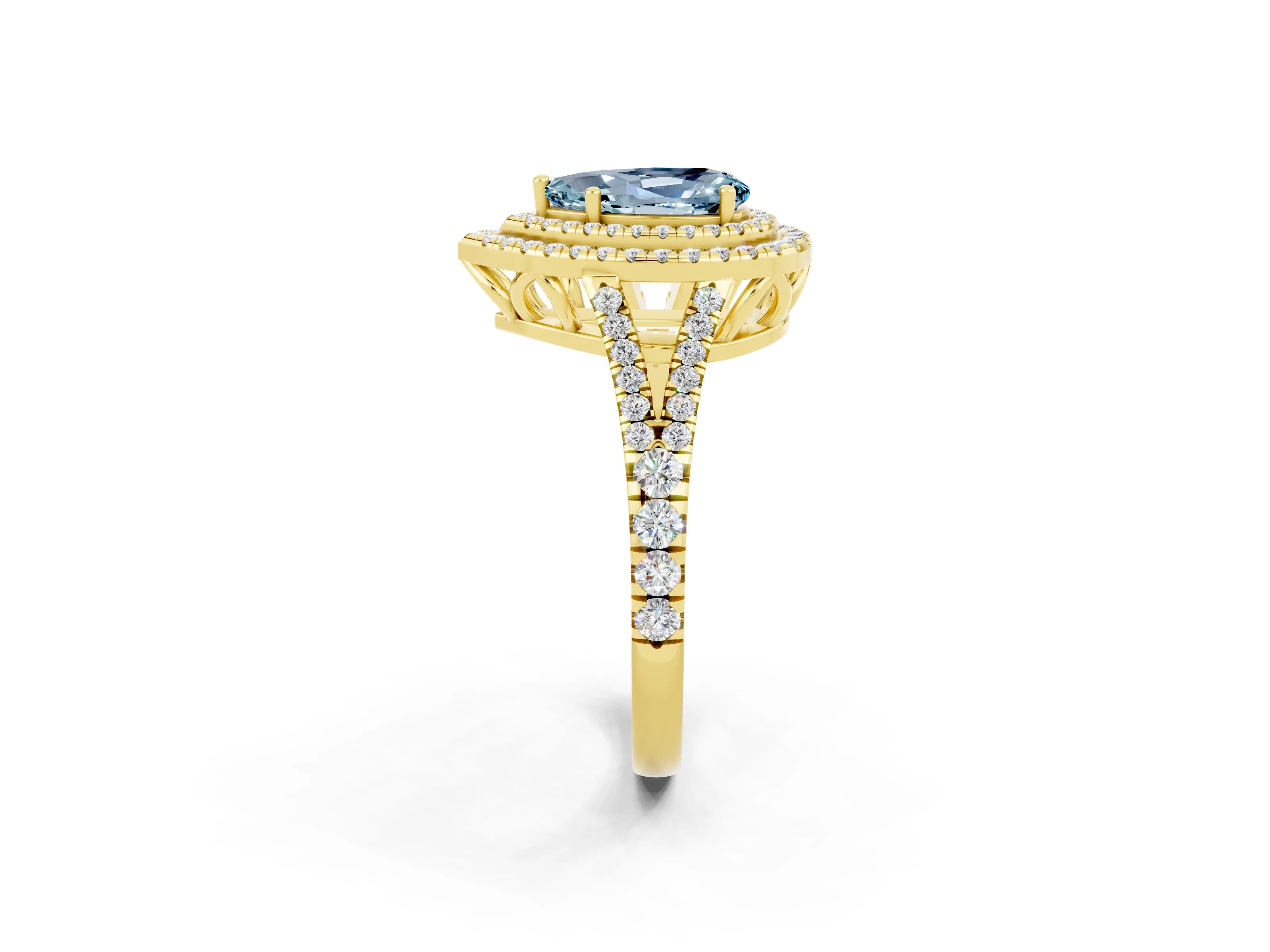 Yellow gold Pear Cut Aquamarine Double Halo Ring with Pavé Band and Prong Setting_14